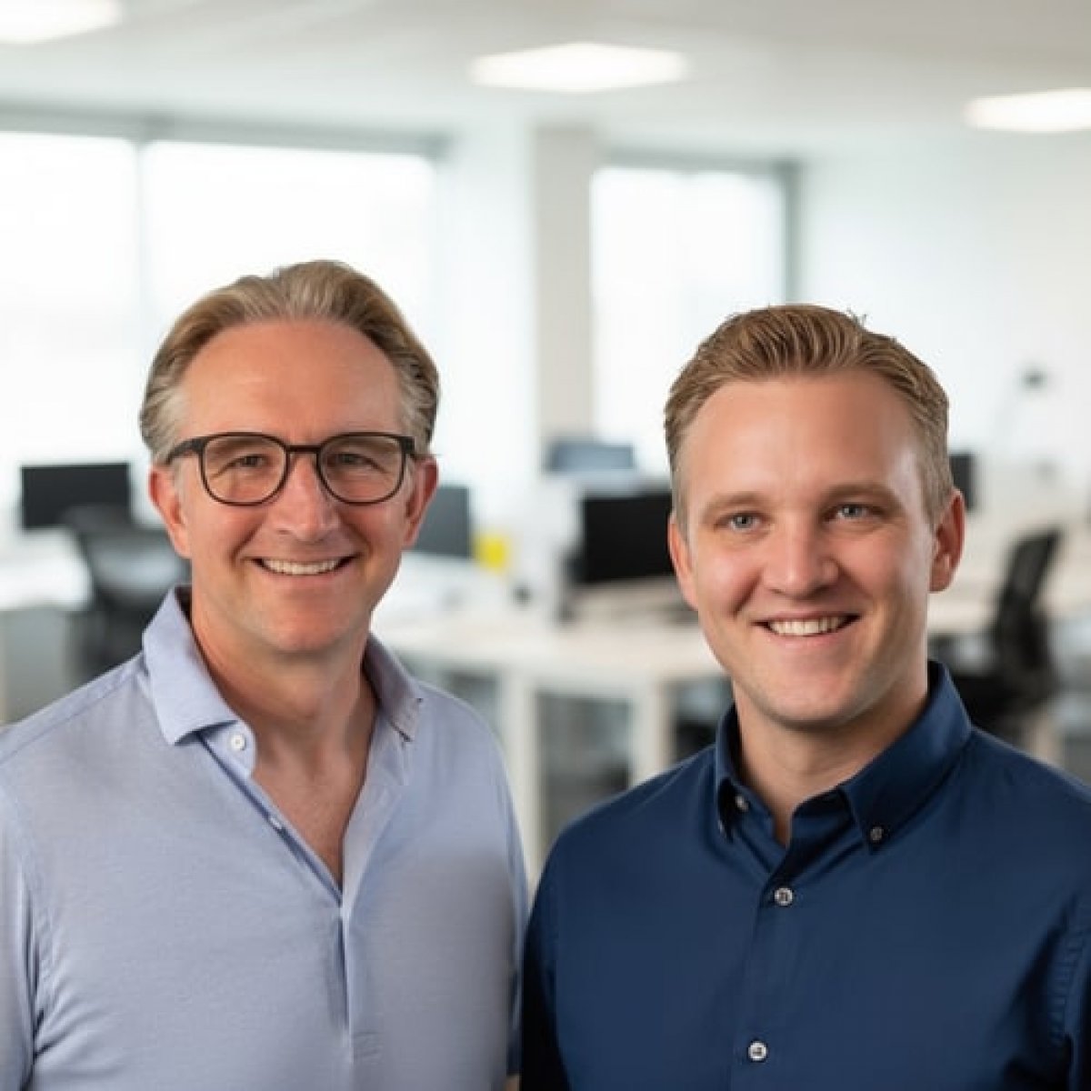 Zwei Personen stehen nebeneinander in einem hellen Büro und lächeln