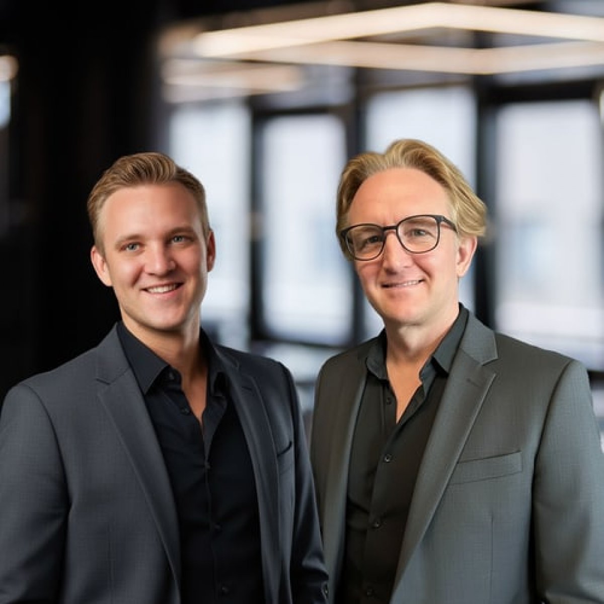 Zwei Personen stehen nebeneinander in einem modernen Büro und schauen in die Kamera